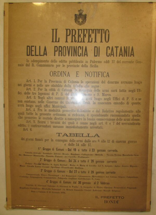 Editto di Catania anno 1894 dichiarazione delle date di disarmo dei vari comuni della Sicilia dei Fasci siciliani